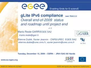gLite IPv6 compliance task TSA2.3.3 Overall end-of-2009 status and roadmap until project end