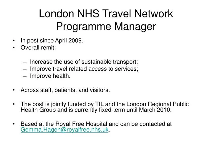 london nhs travel network programme manager