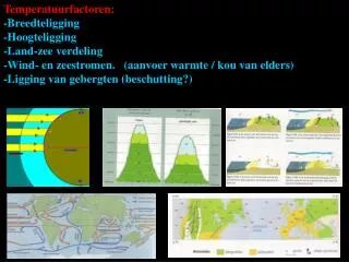 Temperatuurfactoren: -Breedteligging -Hoogteligging -Land-zee verdeling