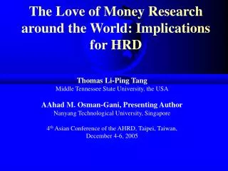 The Love of Money Research around the World: Implications for HRD