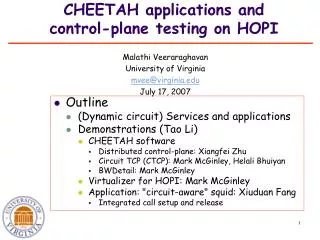 CHEETAH applications and control-plane testing on HOPI