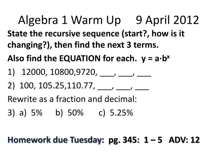 algebra 1 warm up 9 april 2012