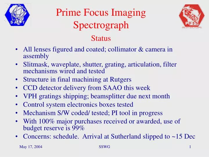 prime focus imaging spectrograph status