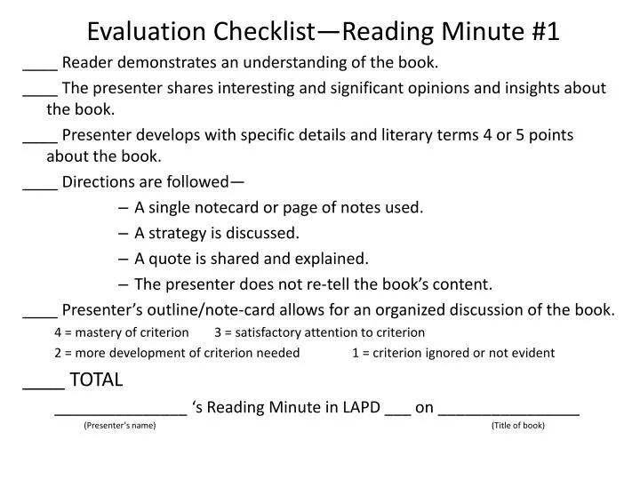 evaluation checklist reading minute 1