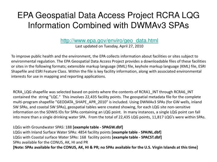 epa geospatial data access project rcra lqg information combined with dwmav3 spas
