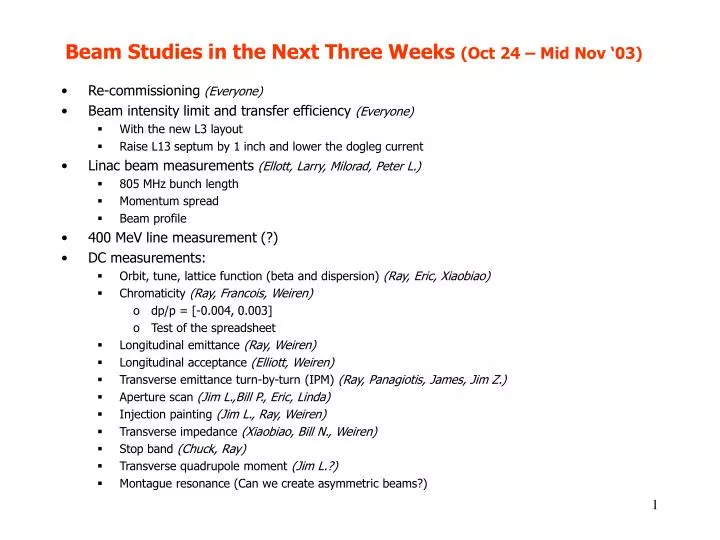 beam studies in the next three weeks oct 24 mid nov 03