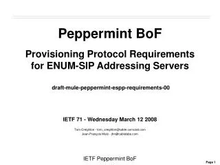 Peppermint BoF Provisioning Protocol Requirements for ENUM-SIP Addressing Servers