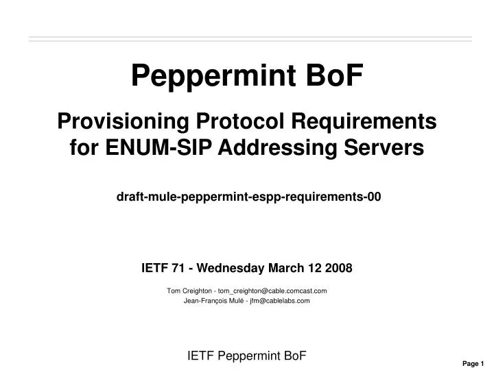 peppermint bof provisioning protocol requirements for enum sip addressing servers