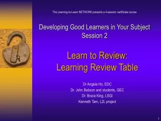 Learn to Review: Learning Review Table Dr Angela Ho, EDC Dr. John Babson and students, GEC