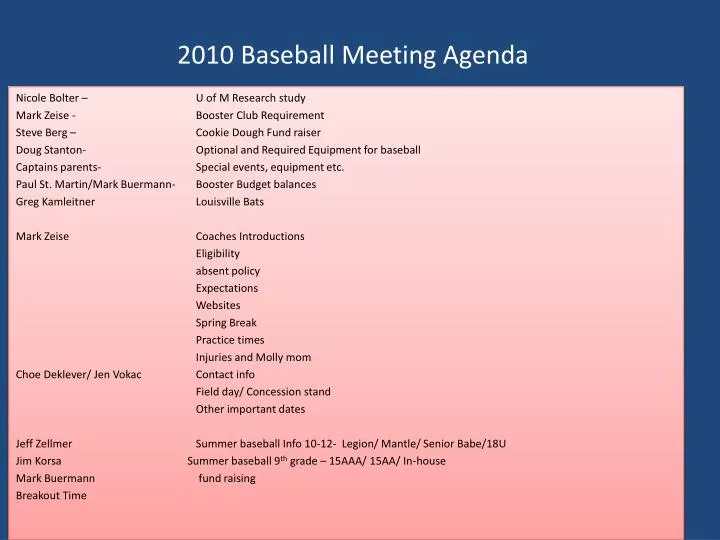2010 baseball meeting agenda