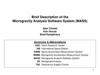 Acronyms &amp; Abbreviations 		GRC 	Glenn Research Center 		ISS 	International Space Station