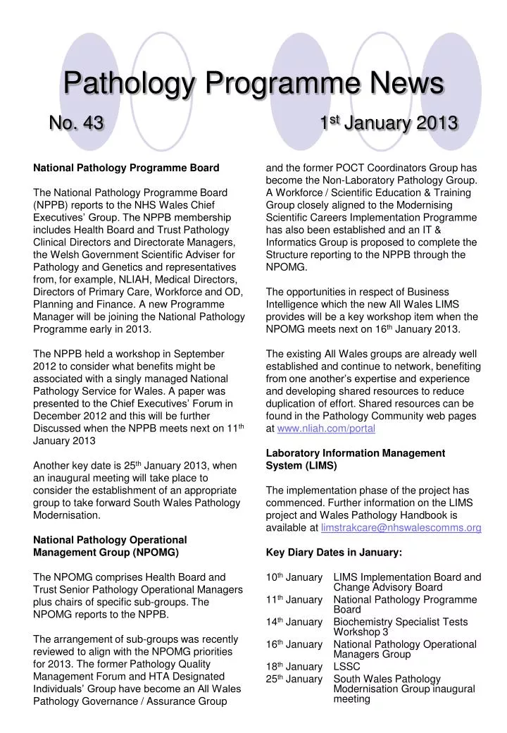 pathology programme news no 43 1 st january 2013