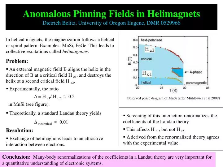 anomalous pinning fields in helimagnets dietrich belitz university of oregon eugene dmr 0529966