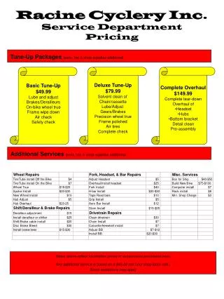 Racine Cyclery Inc . Service Department Pricing