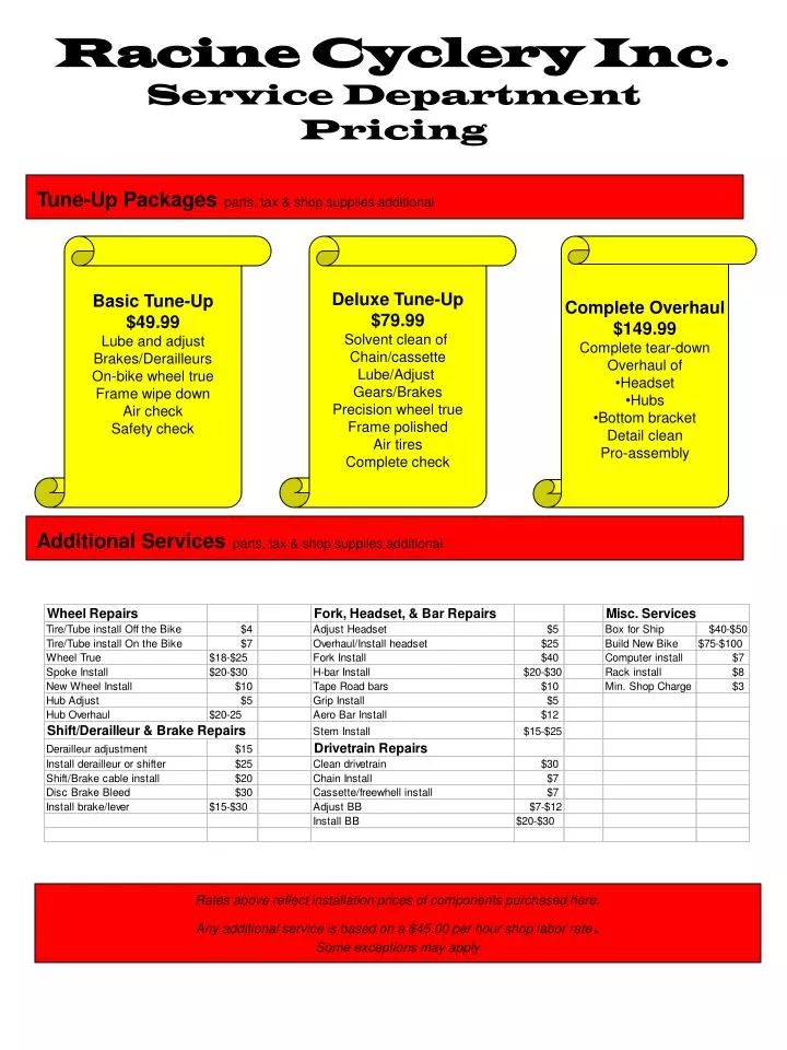 racine cyclery inc service department pricing