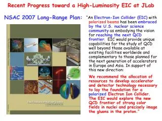 Recent Progress toward a High-Luminosity EIC at JLab