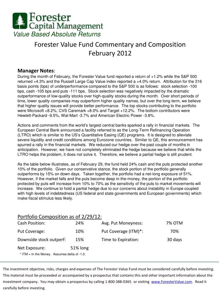 forester value fund commentary and composition february 2012