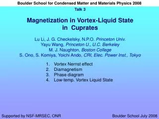 Vortex Nernst effect Diamagnetism Phase diagram Low-temp. Vortex Liquid State
