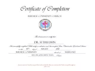 Certificate of Completion Burmese Community Church This document is to certify that