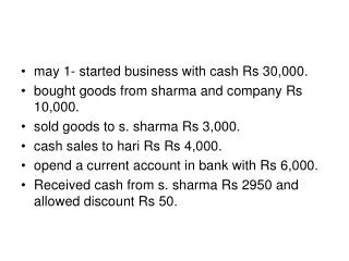 may 1- started business with cash Rs 30,000. bought goods from sharma and company Rs 10,000.
