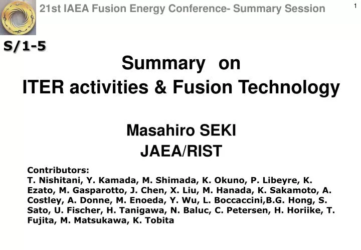 summary on iter activities fusion technology masahiro seki jaea rist