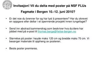 invitasjon vil du delta med poster p nsf flus fagm te i bergen 10 12 juni 2010