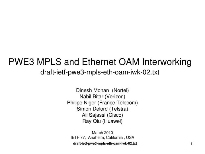pwe3 mpls and ethernet oam interworking draft ietf pwe3 mpls eth oam iwk 02 txt