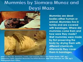 sources: Perl, Lila. Mummies, Tombs, and T reasure. New York: Clarion Books, 1987. pg 1 .