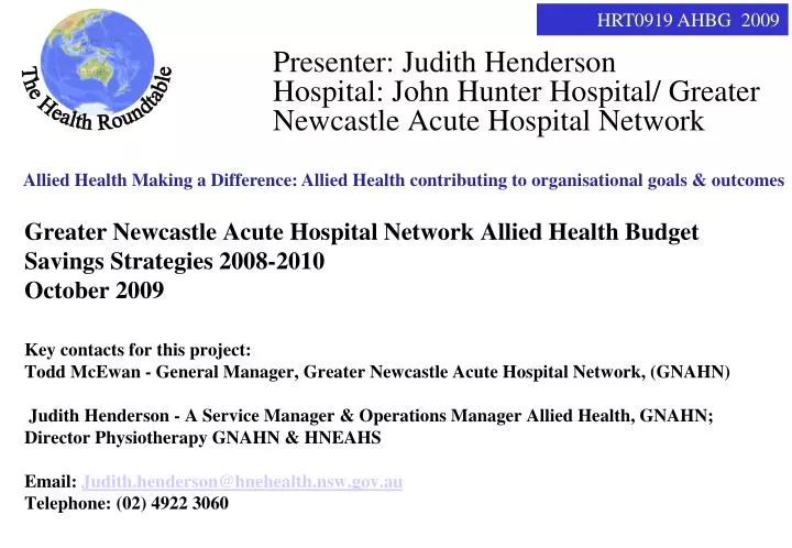 presenter judith henderson hospital john hunter hospital greater newcastle acute hospital network