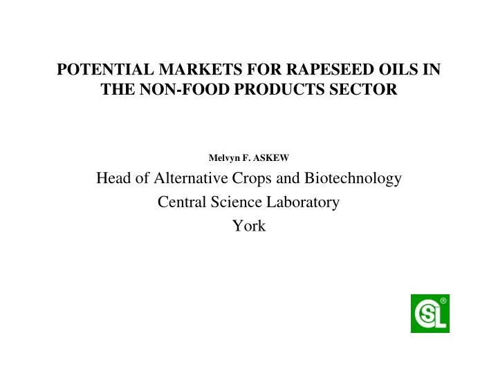 potential markets for rapeseed oils in the non food products sector