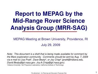Report to MEPAG by the Mid-Range Rover Science Analysis Group (MRR-SAG)