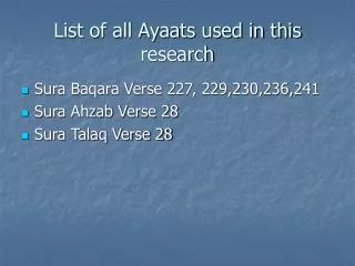 List of all Ayaats used in this research