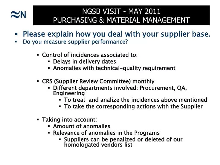 ngsb visit may 2011 purchasing material management