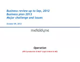 Business review up to Sep, 2012 Business plan 2013 Major challenge and issues October 09 , 2012
