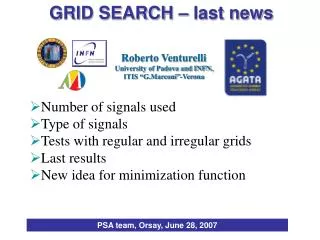Number of signals used Type of signals Tests with regular and irregular grids Last results