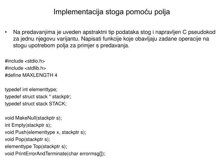 implementacija stoga pomo u polja