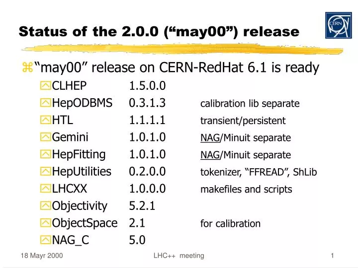 status of the 2 0 0 may00 release