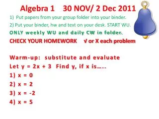 Algebra 1 30 NOV/ 2 Dec 2011