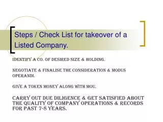 Steps / Check List for takeover of a Listed Company.