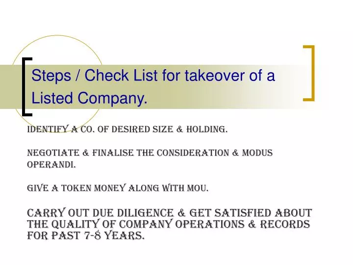 steps check list for takeover of a listed company