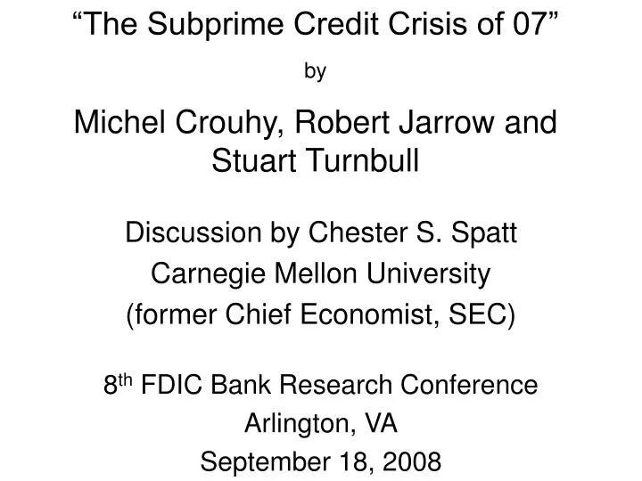 the subprime credit crisis of 07 by michel crouhy robert jarrow and stuart turnbull