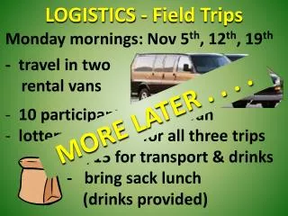 Monday mornings: Nov 5 th , 12 th , 19 th - travel in two rental vans