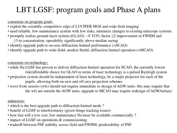 lbt lgsf program goals and phase a plans