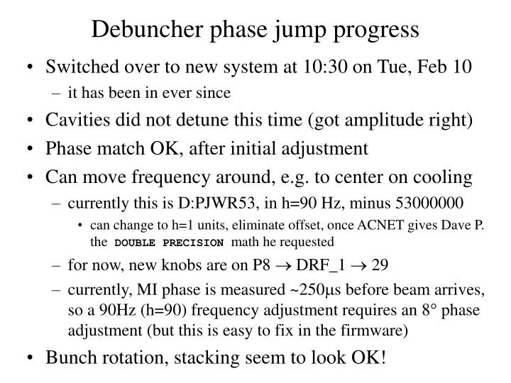debuncher phase jump progress