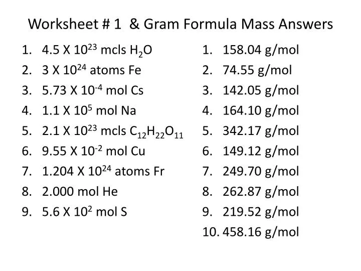 worksheet 1 gram formula mass answers