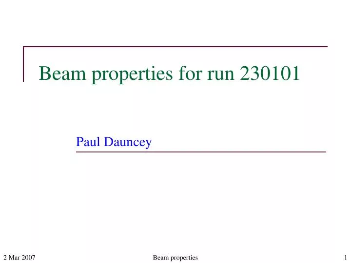 beam properties for run 230101
