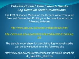 Chlorine Contact Time / Virus &amp; Giardia Log Removal Credit Calculations