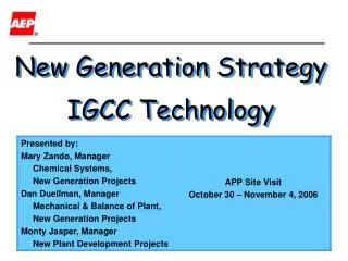 New Generation Strategy IGCC Technology