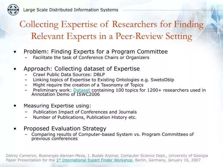 collecting expertise of researchers for finding relevant experts in a peer review setting