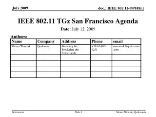 IEEE 802.11 TGz San Francisco Agenda